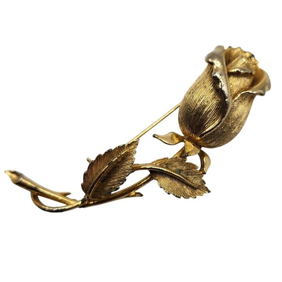 Vintage Lisner Rose Brooch 1950s Gold Tone Flower Pin Signed Floral Jewelry - Picture 2 of 5